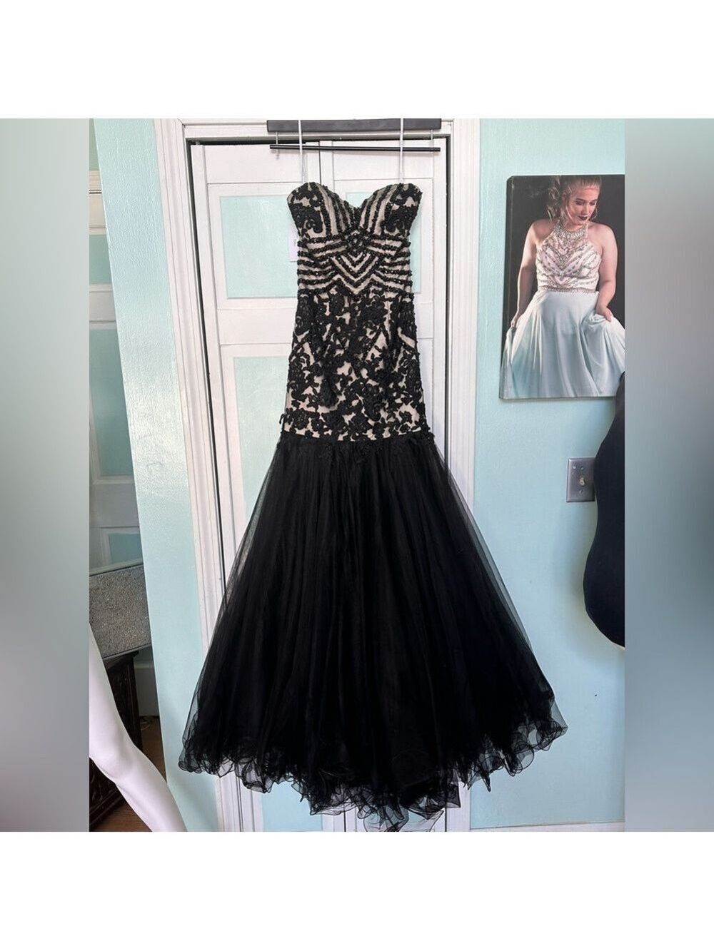 Size 00 0 Envious Couture Prom Pageant Gown Black Nude Fitted Mermaid Be…